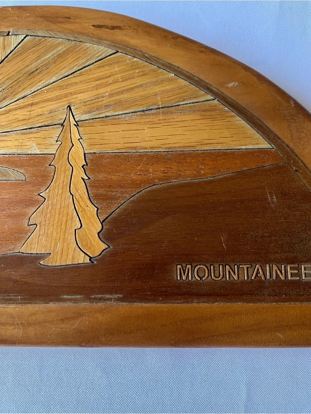 Vintage Wooden Marquetry Wall Plaque Half Moon Door Topper Mountaineer Sunset